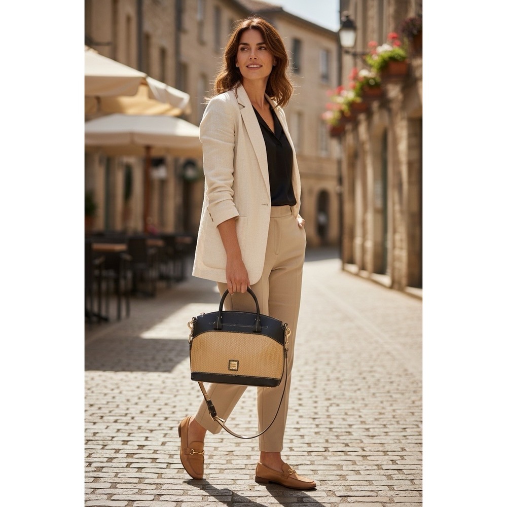 Dooney Bourke Beacon Black Brown Smooth Leather Woven Embossed Domed Satchel Bag - Picture 2 of 16
